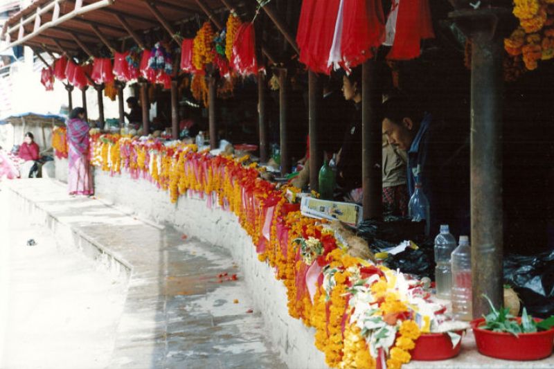 Blumengirlanden - Auf dem Weg zur Opferstätte "Dashuikali"